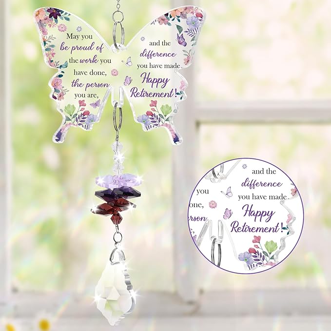 Funnli Retirement Gift for Woman Purple Crystal Window Hangings Decor, 2026 Retired Gifts, Retirement Gifts for Women Friends Coworkers Nurse Boss Employee Butterfly Acrylic Plaque