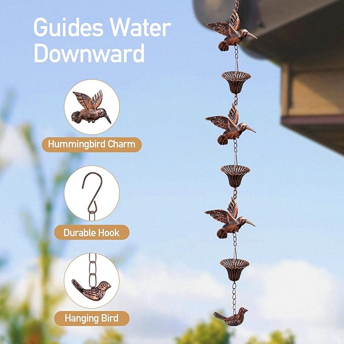 Rain Chain for Gutters,8.5FT Rain Catcher Chain for Outside with 7 Metal Cups & Hummingbird Decor,Adjustable Hanging Rain Hutter Chain Downspout Substitute for Garden Drainage & Eaves (Brown)