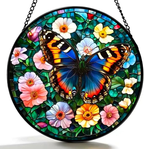 Stained Glass Window Hanging - A Beautiful Butterfly is Dancing in The Sea of Flowers 6.3 Inches Suncatcher for Garden Home Decor for Women Mon Grandma Friends