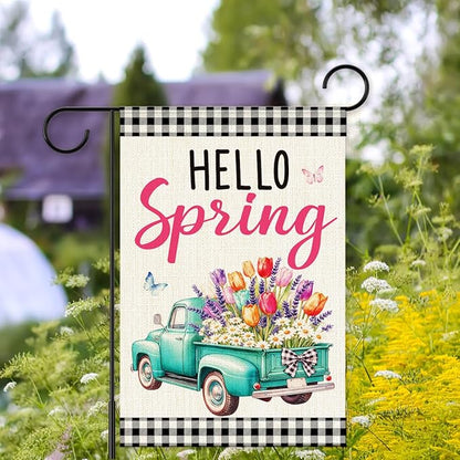 Hello Spring Garden Flag for Outside, Spring Flowers Truck Garden Flag Yard Flags for Lawn Porch Outdoor Decorations 12x18 Inch Double Sided