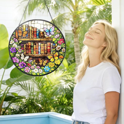 Butterfly Bookshelf Stained Glass Window Hanging – Round Floral Suncatcher with Chain, Colorful Glass Ornament for Reading Room Home Garden Decor Gift, 8 Inch
