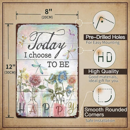 YOYI ART Metal Flowers Dragonfly Wall Decor Sign - Today I Choose to Be Happy, Vintage Tin Signs for Home, Bedroom, Kithcen, Garden, Patio and Yard Wall Art Accessories, Gifts for Women, 8 x 12 inch