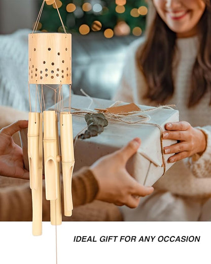 Bamboo Wind Chimes for Outside with Solar Accent Light, Outdoor Wooden Wind Chimes, 6 Bamboo Tubes, Deep Tone, Perfect for Patio, Garden, Porch, and Balcony Decor