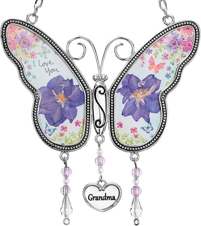 Butterfly Suncatcher with Pressed Flower Wings, Butterfly-Shaped Glass Wind Chimes with Real Flowers, Grandma Heart Charm Wind Chime Gifts for Grandma Mother's Day