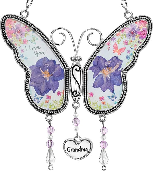 Butterfly Suncatcher with Pressed Flower Wings, Butterfly-Shaped Glass Wind Chimes with Real Flowers, Grandma Heart Charm Wind Chime Gifts for Grandma Mother's Day