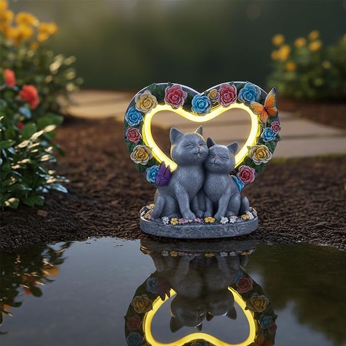 Gifts for People Who Love Cats, Cat Garden Decor with Heart-Shaped, Couple Cat Figurine for Valentines Day, Anniversary Housewarming Christmas Birthdays Gifts for Lover Wife Women Mom Friends