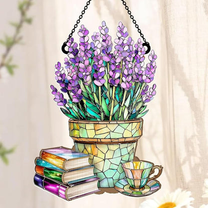 Jesuspirit - Window Hanging Suncatcher – Crystal Clear Acrylic & Wood Sun Catcher for Home Decor, for Women (Nostalgic Lavenders, Books, and Tea, 8 Inches)