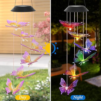 Colorful Solar Butterfly Wind Chimes for Outside Birthday Gifts for Mom Women Changing Waterproof Lights LED Wind Chime Outdoor Decor for Garden Lawn Patio Yard