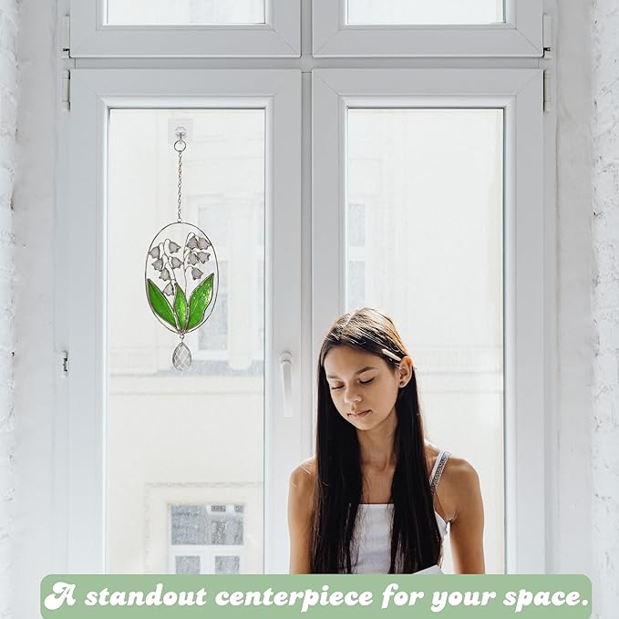 Real Stained Glass Suncatcher Lily of The Valley Suncatcher – Elegant Stained Glass Window Hanging Decor Plant Lover Gifts for Women Home Decor Gifts Sun Catchers Indoor Window 7.7in