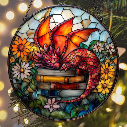 Sleeping Dragon on Books Acrylic Suncatcher Stained Glass Effect Window Car Hanging Christmas Ornament Indoor Outdoor Decor Garden Sun Catcher Panel for Book Lover for Women Mom Grandma
