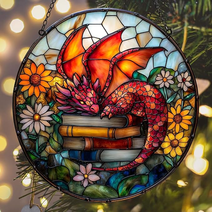 Sleeping Dragon on Books Acrylic Suncatcher Stained Glass Effect Window Car Hanging Christmas Ornament Indoor Outdoor Decor Garden Sun Catcher Panel for Book Lover for Women Mom Grandma
