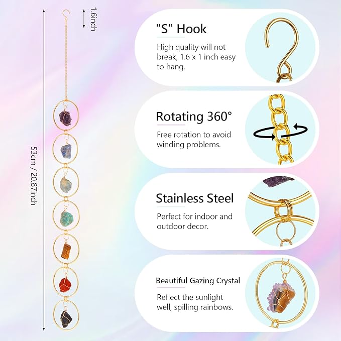 Thyle Healing Crystal Wind Chimes for Outside Window 7 Chakra Hanging Crystal Sun Catchers for Easter Indoor Outdoor Home Wall Decor Birthday Gifts(Amethyst Style)