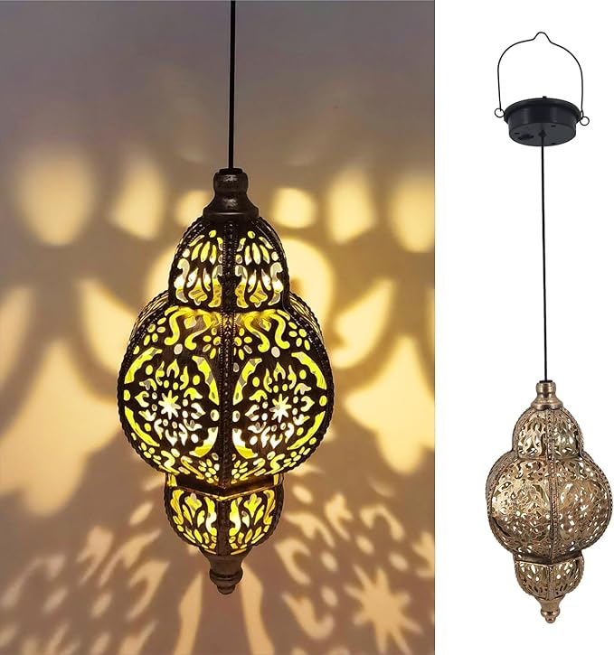Hanging Solar Lights Garden Lights Metal Moroccan Lamp Waterproof for Outdoor Hanging Decor Yard Backyard Garden Decorative (2 Pack, Bronze)