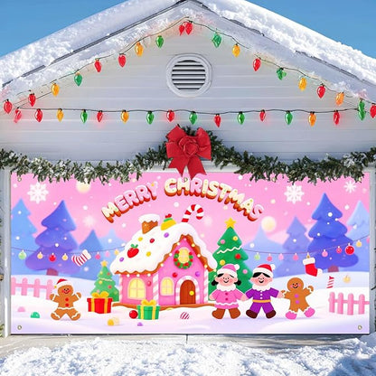 IVN Christmas Garage Door Cover Decoration 13x6ft Gingerbread House Candy Village Pink Snow Scene Merry Christmas Garage Door Banner Home Door Front Yard Decor for Xmas Eve Holiday Outdoor