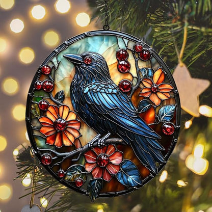 Raven Acrylic Suncatcher Stained Glass Effect Window Car Hanging Christmas Ornament Indoor Outdoor Decor Garden Sun Catcher Panel for Gothic Lover for Women Mom Grandma