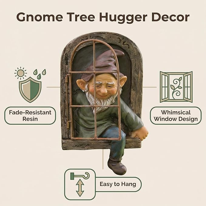 Gnome Statue Tree Face Outside Yard Art Outdoor Statue, 12 Inch Elf Out of The Window Tree Decor and Yard Decorations, Whimsical Gnomes Garden Sculptures & Statues, Fairy Tree Peeker Ornaments