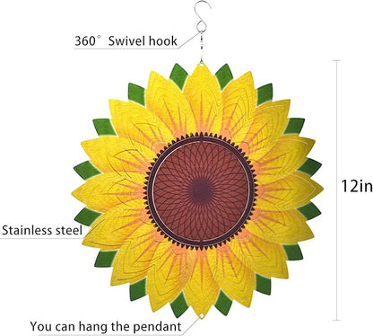 Wind Spinner Yard Art Garden Decor 3D Stainless Steel Metal Sculptures Sunflower Kinetic Hanging Whirligigs Decorations Backyard Outside Indoor Outdoor Patio Ornaments Clearance Sun Catcher Windmill