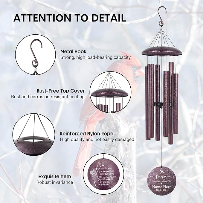 Memorial Wind Chimes for Loss of Lover One, Mom, Dad, Outside Deep Tone 30/36/45 inch Windchimes in Memory of a Loved One, Sympathy Gifts for Bereavement Produced in USA