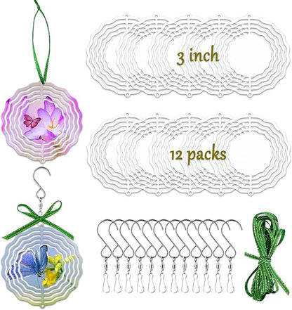 12 Pack 3inch Sublimation Wind Spinner Blanks 3D Aluminum Metal Wind Sculpture Kinetic Spinners for Yard Garden Indoor Art Ornaments Xmas Hanging Decoration (Floral)