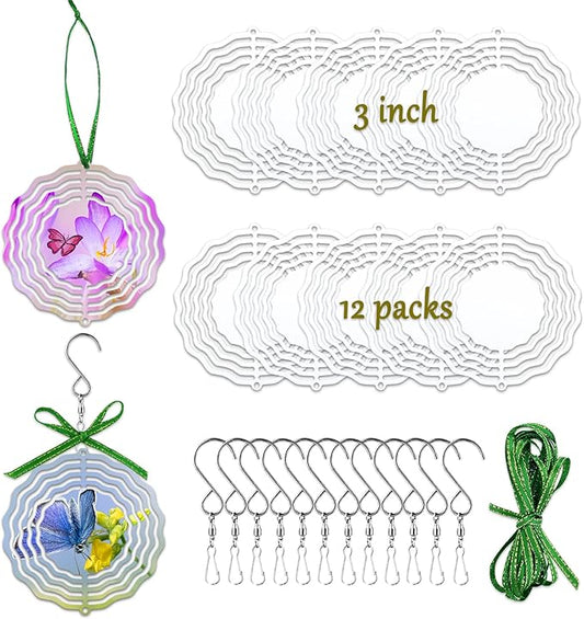 12 Pack 3inch Sublimation Wind Spinner Blanks 3D Aluminum Metal Wind Sculpture Kinetic Spinners for Yard Garden Indoor Art Ornaments Xmas Hanging Decoration (Floral)