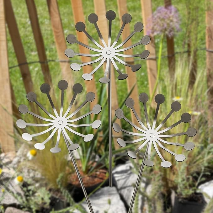 Zonon 3 Pcs Dandelion Metal Flowers Silver Decorative Garden Stakes for Outside Decorations Metal Steel Summer Yard Art Arrangement for Outdoor Lawn Yard Walkway Porch Pathway Patio Garden Decor