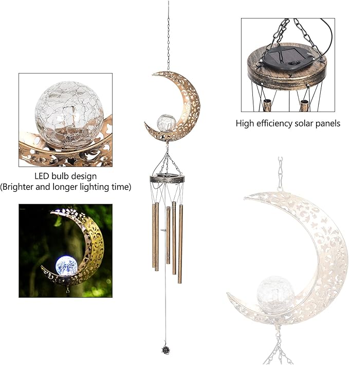 Asense Moon Wind Chimes with Crackle Glass Ball Solar Powered LED Lights, Outdoor Garden Decor, Lawn Yard Patio Decoration, Unique Hanging Decor Gifts