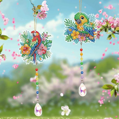 MVVMTOP 2pcs Diamond Art Painting Wind Chime with Crystal Pendant, DIY Parrot Double-Sided Design Special Shape Acrylic Crystal Diamond Ornament, Home Window Garden Hanging Pendant Decoration