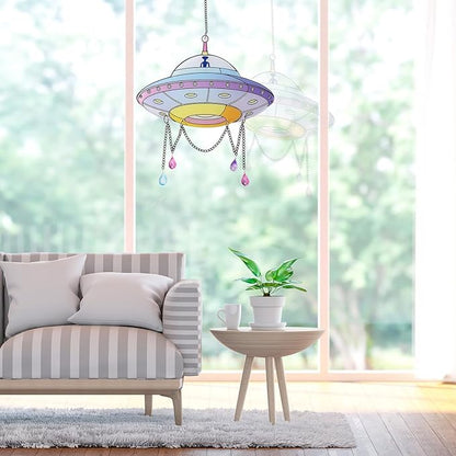 Colorful UFO Hanging Decoration with Chain & Bead Alien UFO Hanging Sun Catcher Ornament for Home Garden Christmas UFO Party Gift