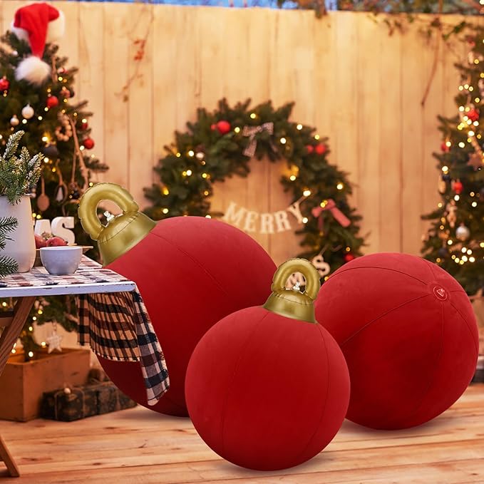 Jenaai 3 Pcs Giant Velvet Christmas Inflatable Ball Ornament Large PVC Christmas Inflatable Balls 3 Size 24" 20" 18" Xmas Hanging Ornaments Outdoor Decor for Lawn Porch Yard(Red)