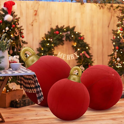 Jenaai 3 Pcs Giant Velvet Christmas Inflatable Ball Ornament Large PVC Christmas Inflatable Balls 3 Size 24" 20" 18" Xmas Hanging Ornaments Outdoor Decor for Lawn Porch Yard(Red)