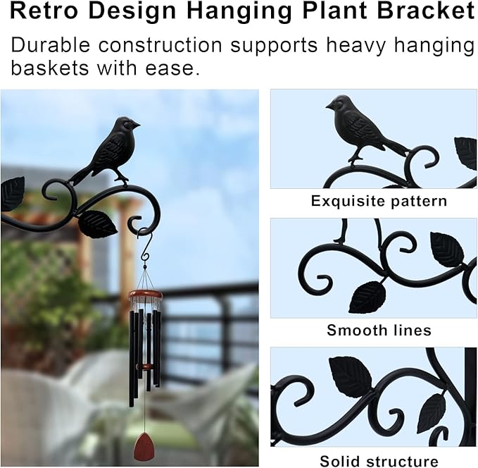JIALAI HOME Hanging Plants Bracket 12" Bird Planter Outdoor Hooks Hangers for Flower Baskets Pot Bird Feeder Wind Chimes Lanterns Patio Garden Outdoor Indoor Metal Black, 2 Pack