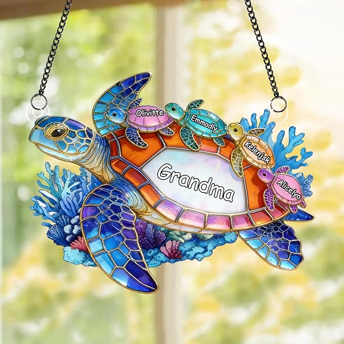 Personalized Grandma's Little Turtles Stained Glass Suncatchers, Custom Name Birth Month Flowers Acrylic Window Hanging Ornament, Mothers Day Christmas Birthday Gifts for Grandma Mom (Style 08)