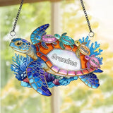 Personalized Grandma's Little Turtles Stained Glass Suncatchers, Custom Name Birth Month Flowers Acrylic Window Hanging Ornament, Mothers Day Christmas Birthday Gifts for Grandma Mom (Style 08)