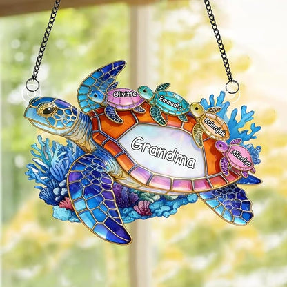 Personalized Grandma's Little Turtles Stained Glass Suncatchers, Custom Name Birth Month Flowers Acrylic Window Hanging Ornament, Mothers Day Christmas Birthday Gifts for Grandma Mom (Style 08)