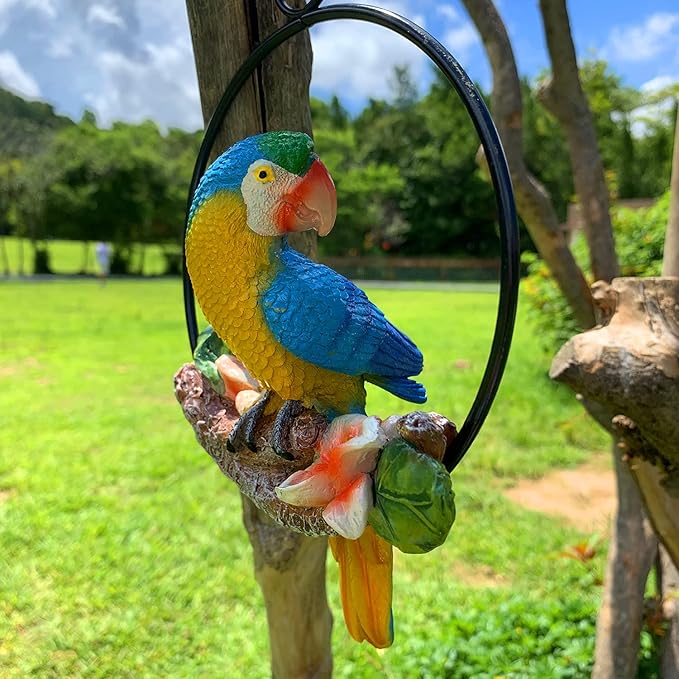 iRonrain Mini Garden Statues Hanging Iron Ring Parrots, Art Décor Gorgeous Swing Birds Figurine Sculpture Ornament for Pathways Yard Patio Office Indoor Outdoor Tree Decorations (Yellow/Blue)