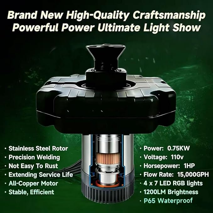 Pond Fountain Aerator,Pond Fountain, 1 HP with Dynamic LED RGB Lighting, Adjustable Modes, Digital Timer | 15,000 GPH, 750W 110V, 100FT Cord - for Large Ponds, Lakes & Outdoor Water Features