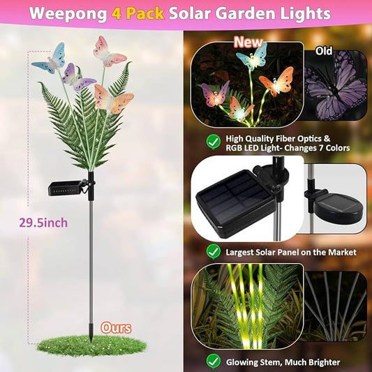 Weepong Solar Garden Lights 4 Pack Waterproof Decorative Solar Lights Outdoor with Glowing Stems,7-Color Changing ‎Fiber Optic Butterfly Light for Outside Yard Lawn Garden Decor, Gifts for Women