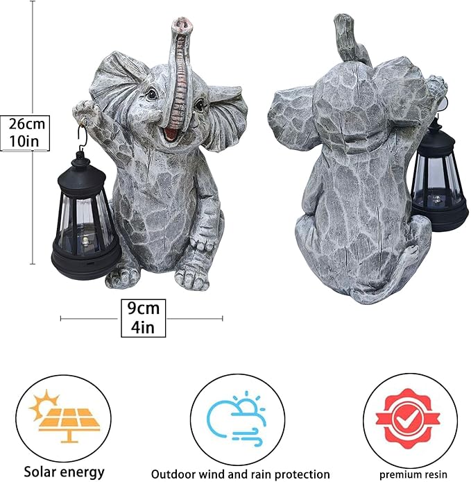 Garden Statues Elephant Solar Figurine Decor Outdoor Waterproof Lights, Yard Decorations Outdoor, Garden Decor Unique Birthday Housewarming Gifts for Mom (Elephant 2)