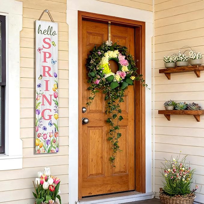 Hello Spring Porch Sign, Flower Butterfly Sign for Front Porch, Pink Tulip Wooden Sign Yard, Vertical Wood Sign Standing for Patio Front Door Porch, Farmhouse Holiday Home Party Entryway Yard Wall Decor Indoor Outdoor, 47x8 inch