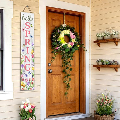 Hello Spring Porch Sign, Flower Butterfly Sign for Front Porch, Pink Tulip Wooden Sign Yard, Vertical Wood Sign Standing for Patio Front Door Porch, Farmhouse Holiday Home Party Entryway Yard Wall Decor Indoor Outdoor, 47x8 inch