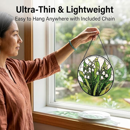 Birthday Gifts for Women - Lily of the Valley Faux Stained Glass Window Hanging Sun Catcher for Door Garden Acrylic Decor Mother's Day Christmas May for Mom Nana Grandma Sisters 7.8"