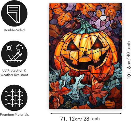 Spooky Pumpkin House Flag Scary Halloween Flags for Outside 28x40 Double Sided Large Stained Glass Fall Garden Flags Autumn Yard Flag for Outdoor Porch Lawn Farmhouse Thanksgiving Decor
