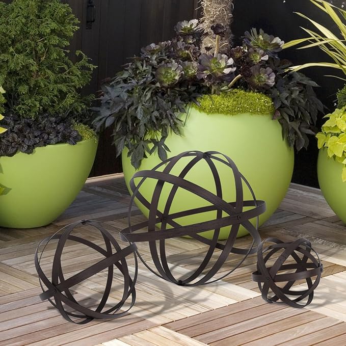 3 PCS Garden Spheres Balls Assorted Size Distressed Metal Band Decorative Sphere Folding Orbs Sculpture for Outdoor Indoor Decorations 7" 10" 12" Diameter (Rusty)
