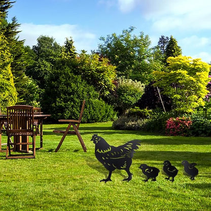 4Pcs Metal Chicken Garden Decorative Statues Distinct Hen and Chicks Silhouette Design,Black Hollow-Cut Yard Art, Perfect Decor for Lawns Yard Gardens