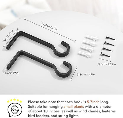 5.7 Inch 2 Pack Plant Hooks for Wall, Heavy Duty Plant Hangers Outdoor, Hold 35lb Iron Plant Hanger Bracket for Hanging Bird Feeder, Wind Chimes, Baskets, Lantern, Hanging Planter Hooks, Metal - Black