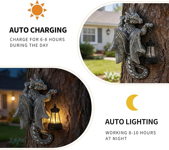 Solar Dragon Tree Hugger Garden Statue - 9.3" Resin Outdoor Statue with Solar Lights - Medieval Fantasy Yard Art, Unique Birthday Gifts for Mom, Women - Waterproof Patio Yard Decorations