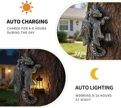 Solar Dragon Tree Hugger Garden Statue - 9.3" Resin Outdoor Statue with Solar Lights - Medieval Fantasy Yard Art, Unique Birthday Gifts for Mom, Women - Waterproof Patio Yard Decorations