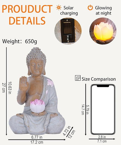 Nacome Solar Buddha Garden Statues with Lotus Flower: Resin Zen Decor Waterproof Sculpture Outdoor Light Design for Outside Patio Lawn Yard Balcony - 10.6 inches(White)