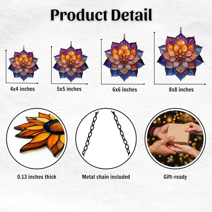 Mosaic Effect Dahlia Starburst Acrylic Suncatcher Stained Glass Effect Window Car Hanging Christmas Ornament Indoor Outdoor Decor Garden Sun Catcher Panel for Floral Lover for Women Mom Grandma