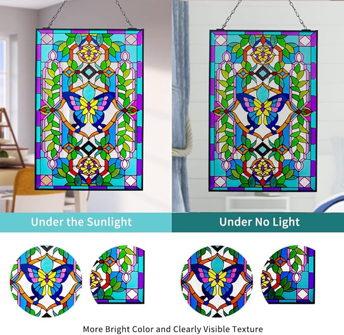 Viveta Butterfly Stained Glass Window Hangings, 10" W x 15" H Suncatcher Panel Windows Wall Decor with Metal Frame & Chain